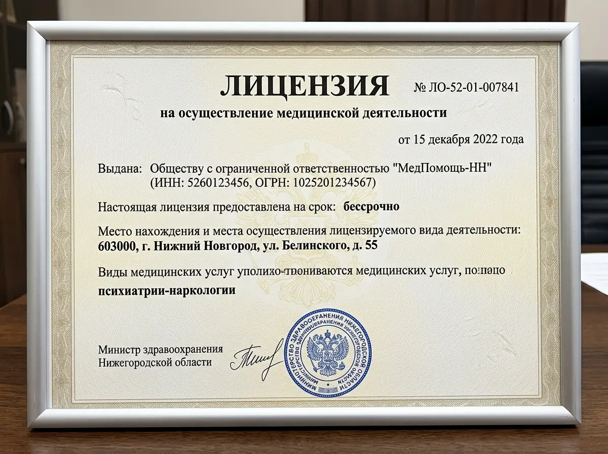 Лицензия на осуществление медицинской деятельности наркологической клиники МедПомощь-НН — официальный документ с печатью, номер ЛО-52-01-007841, Нижний Новгород 2022 год