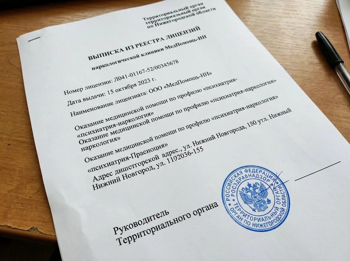 Выписка из реестра лицензий наркологической клиники МедПомощь-НН — официальный реестровый документ Росздравнадзора с синей печатью