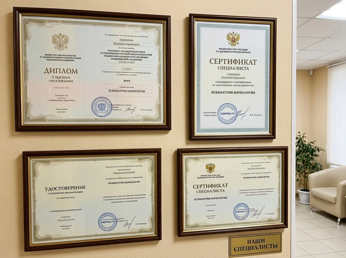 Сертификаты специалистов наркологической клиники МедПомощь-НН — дипломы и удостоверения врачей психиатров-наркологов с печатью медицинского учреждения
